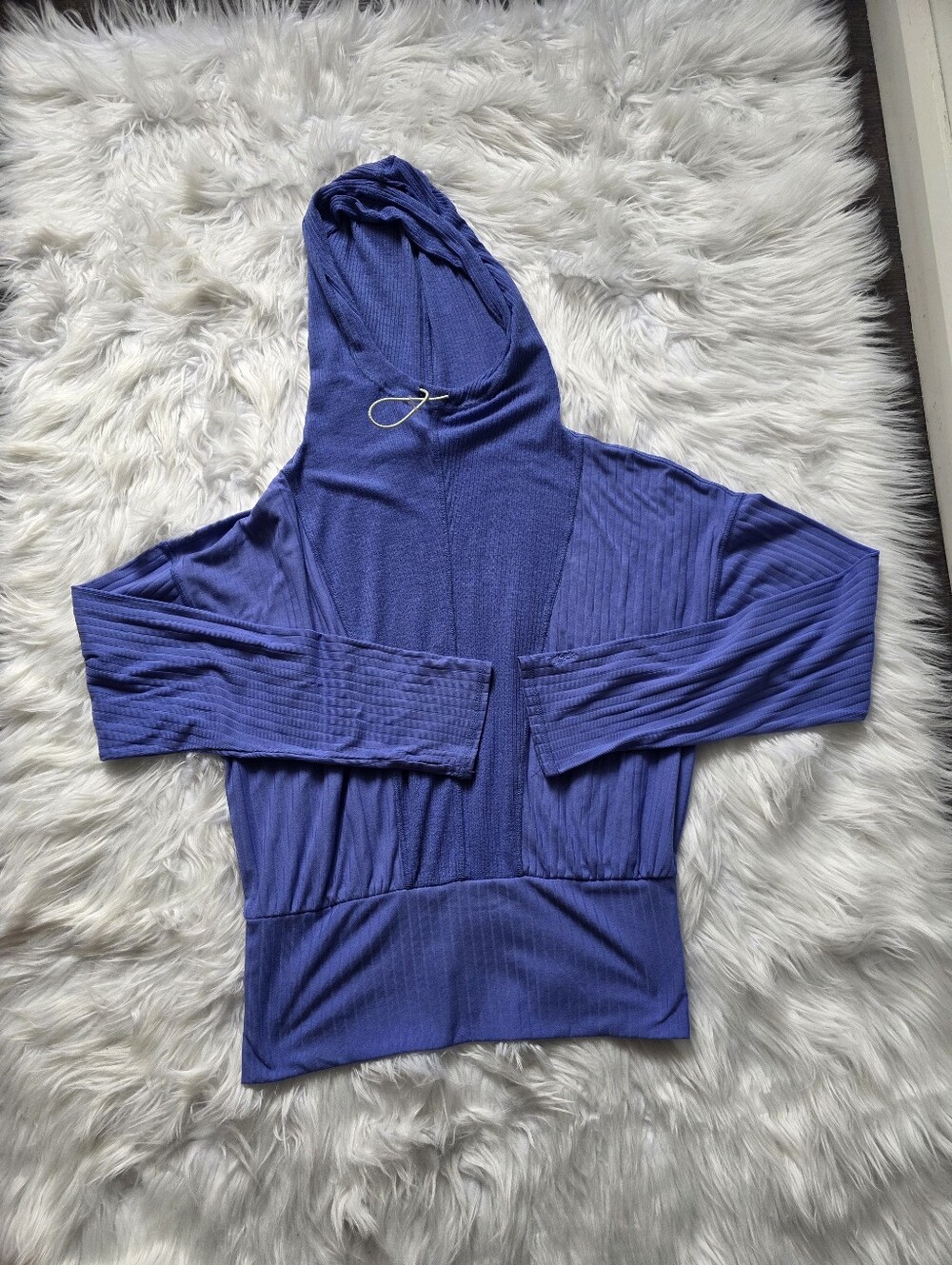 Free People Ribbed Hooded Pullover in Blue